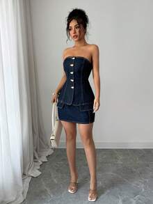 Elenzga Minifalda vaquera elegante y minimalista de corte evasé que estiliza la figura de la mujer - Azul lavado oscuro - Ver 6