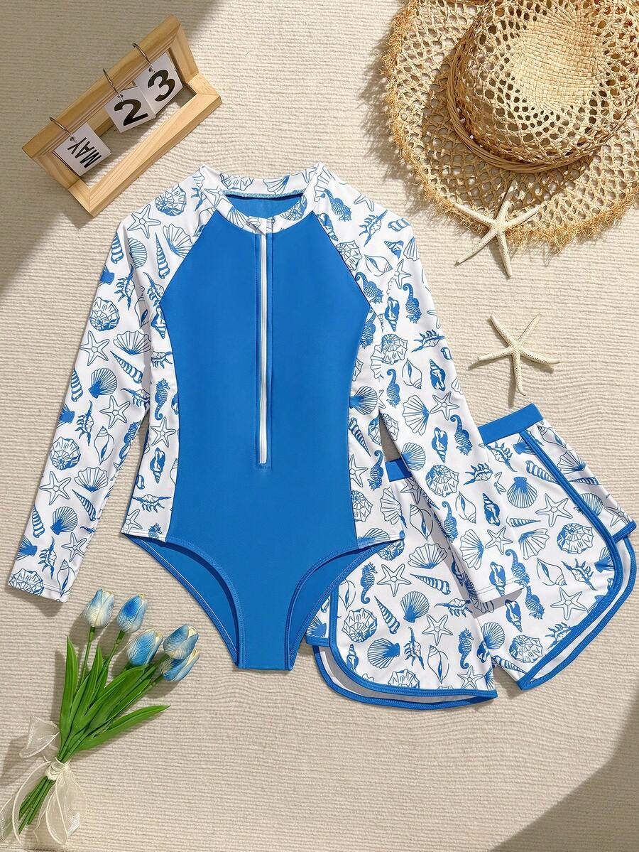 SHEIN Bộ đồ bơi Tankini cho bé gái tuổi teen, thiết kế nơ và khóa kéo, gồm áo croptop không tay và quần short, thích hợp cho bơi lội, bãi biển, hồ bơi, kỳ nghỉ hè và tiệc tùng. - Màu xanh lam - Xem 1