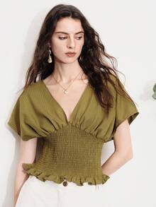 Aveloria Modichic Blusa elegante y minimalista francesa con cuello en V, cintura plisada, volantes y lazo en la espalda a rayas para uso diario y vacaciones - Verde Oliva - Ver 1
