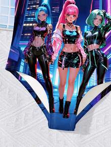 SHEIN 时尚卡通女孩印花，韩流卡通女孩，女童休闲简约连体泳衣，适合夏季、度假、时尚、Y2K风格，色彩鲜艳，沙滩装、泳装、泳池派对 - 彩色 - 查看 4