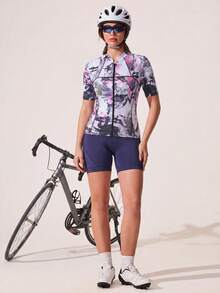SHEIN Sports 女士户外运动骑行服，吸湿排汗，扎染数码印花，立领，修身剪裁，后置手机口袋，硅胶防滑下摆 - 彩色 - 查看 4