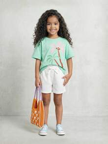 Casuvi Kids Casuvi 女童针织圆领短袖T恤，棕榈树印花，舒适弹力面料，适合春夏日常休闲及度假穿着。 - 薄荷綠 - 查看 9