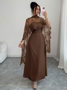 Elenzga Autumn/Winter New Solid Color Sexy Lace Patchwork Halter A-Line Maxi Dress, Ruffle Hem, Front Center Fish Bone Line Divider, Halter Long Trailing, Suitable For Party, Halloween, Christmas, Holiday Events, Dates - Brown - View 7