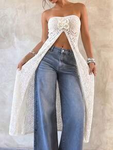 Selianne New Spring/Summer Sexy Vacation Style Hollow-Out Cropped Halter Slit Long Top, Designed 3D Floral Women Knit Blouse - Beige - View 7