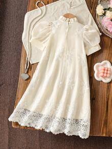 SHEIN Elladie kids Young Girls Summer 1-Piece Apricot Palace Style Dress, Chiffon Puff Sleeves + 3D Floral Mesh, Big Bow Decor Princess Dress, High-End Embroidered Mesh Formal Gown, Birthday Party Piano Recital Outfit,White Dress,Summer Elegant,Sun Dress,Vacay Vibes,Girly Era,فستان دانتيل,Urban Gala - Apricot - View 2