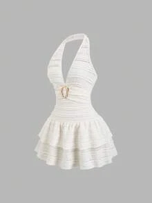 Sweetra Vestido de falda de pastel de rayas de encaje, nuevo para primavera/verano de las mujeres, decoración de hebilla metálica en escote en V, elegante romántico para vacaciones, fiestas y uso diario, vestido mini ajustado de unicolor con volantes en el bajo, blanco marfil - Albaricoque - Ver 3