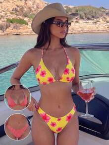 Swim Mod Summer Vacation Sexy Color Block Floral Trim Halter Backless Triangle Cup Bikini Set Golf White - Multicolor - View 3