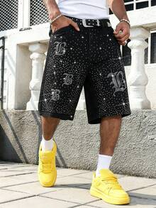 Manfinity EMRG Men's American Street Hip Hop Gothic Style Rhinestone Embellished Washed Black Denim Shorts, Suitable For Party And Casual Wear - Black - View 1