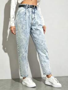 SHEIN ICON 女士褶裥斜插口袋休闲日常牛仔裤 - 藍色 - 查看 4