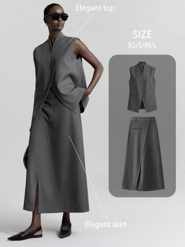 2026 Spring/Summer New Urban Style Wrinkle-Resistant Fabric Dark Grey Suit Set, Blazer, Vest, Skirt, Business Casual Outfit, Loose Fit Set Modern Urban Casual Fashion Business Casual Women's Office Wear Low-Key Old Money Style Effortless Temperament High-End Urban Commuting High-Quality Airport Women's Wear High-End Material