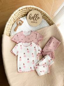 SHEIN Newborn Baby Girl 4pcs/Set Casual Ditsy Floral Ruffle Trim Round Neck Short Sleeve Top And Long Pants Knit Rib Pajamas Set, Summer Print - Pink - View 9