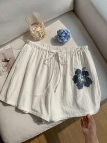 Comfortcana Quần short cotton dáng rộng, thoải mái, họa tiết hoa dâm bụt, có dây rút, thích hợp để phối cùng bikini đi biển mùa hè. - trắng - Xem 5