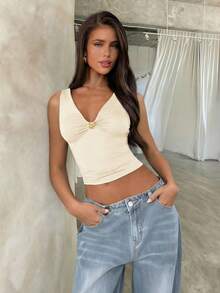 Aloruh Sexy Backless Halter Neck Tight Fitting Metal Decor Top, Romantic Date For Fashionable Women, Summer Top - Apricot - View 4