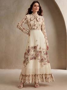 Anewsta Elegant Floral Digital Print Dress,Spring Autumn Beige Tea Party Long Sleeve Flare Sleeve Pink Spaghetti Strap Graphic Valentine's Day Vacation - Light Yellow - View 4