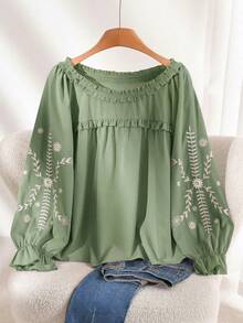 CosyJoli Camisa de manga larga con cuello redondo y estampado floral verde en talla grande - Verde - Ver 1