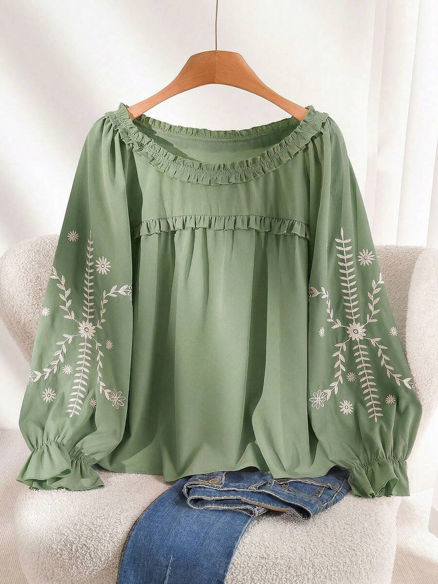 CosyJoli Camisa de manga larga con cuello redondo y estampado floral verde en talla grande - Verde - Ver 1