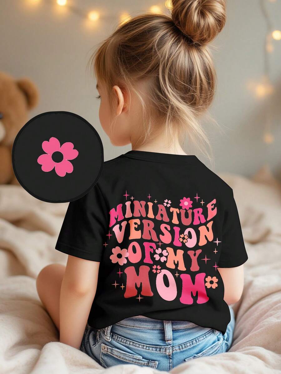 可愛迷你版 My Mom 嬰兒女童 T-shirt,黑色與粉色夏季休閒短袖圓領上衣,親子套裝甜美字母圖案 - 彩色 - 查看 1