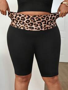 SHEIN PETITE CURVE 大码女式豹纹休闲基础款打底裤，适合夏季穿着，中长款，适合娇小身材，高腰设计，适合休闲、运动、夏季穿搭、嘉年华服装、度假装扮 - 黑色 - 查看 5