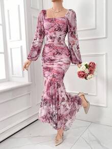 Women's Elegant Flower Print Lantern Sleeve Slim Fit Mermaid Long Dress, Spring/Summer Long Evening Dresses - Multicolor - View 6