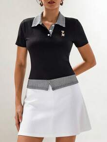 Briarwyn 女士条纹拼接 Polo 领卡通熊印花短袖休闲 T 恤 - 黑色 - 查看 4