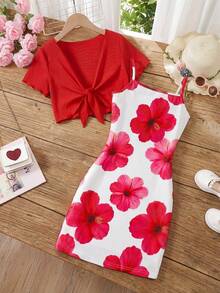 SHEIN Vintaside Kids 两件套少女夏季休闲碎花吊带连衣裙和外套套装 - 紅色 - 查看 4