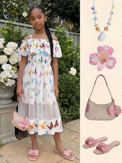 Dreamy Fairy-Like Colorful Butterfly Print Bandeau Strap Dress, Ruffled Spaghetti Strap Design + Flowing Double-Layer Mesh Skirt, Tassel Decor, Youthful & Ethereal Vibe, Suitable For Daily Outing, Vacation, Casual, Campus, Beach, Photography And More