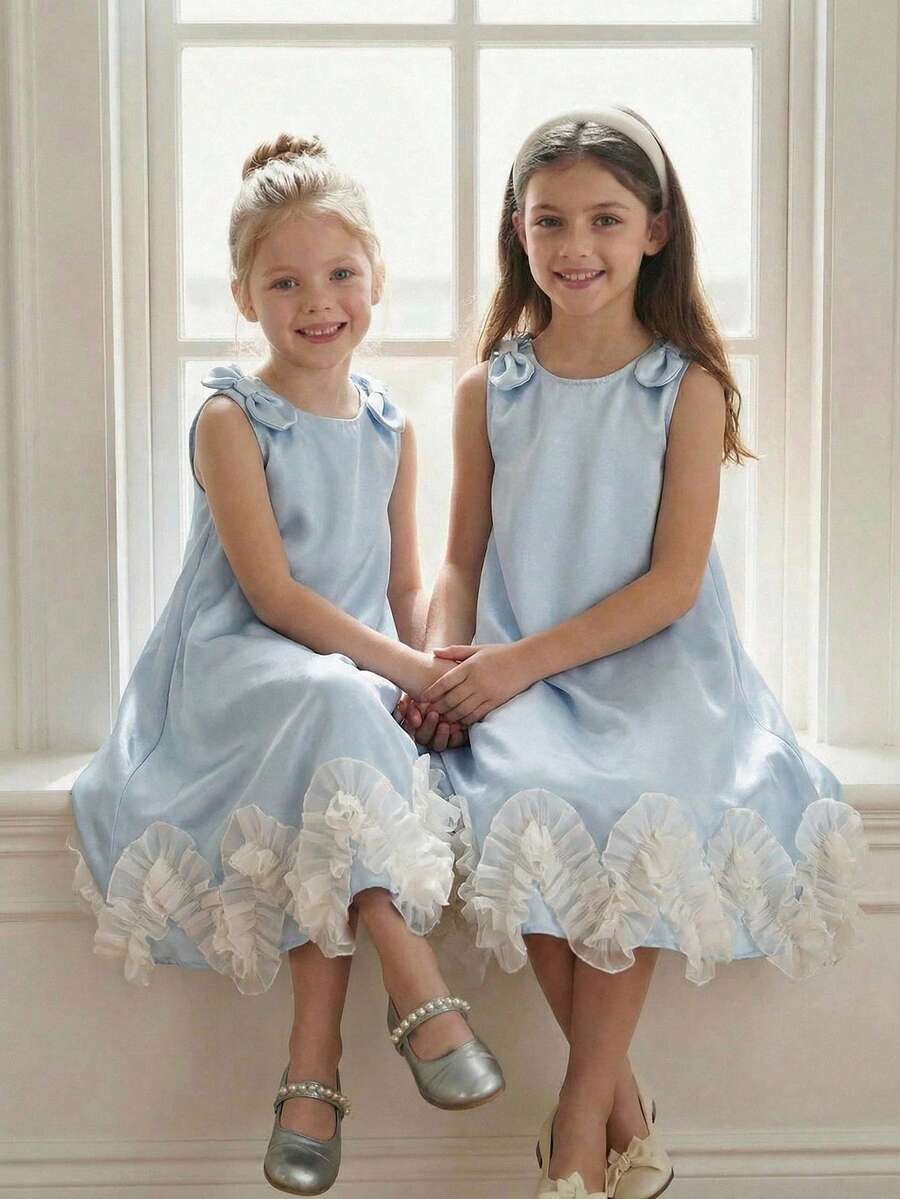SHEIN Elladie kids Young Girl's Summer Sleeveless Satin Princess Dress, Sky Blue Elegant Polka Dot Bow Shoulder Ruffle Mini Flower Girl Dresses For Young Girls - Blue - View 1