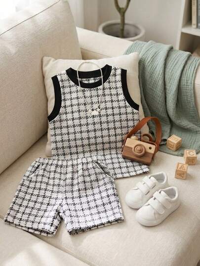SHEIN Playful Pals Bộ áo vest và quần short thêu hình bông tuyết mùa hè cho bé trai.