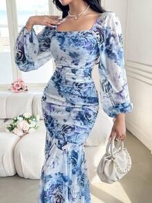 Modelyn 女士花卉印花方领荷叶边长袖连衣裙长款晚礼服 - 藍色 - 查看 3