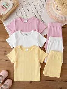 SHEIN 6件套女婴幼儿新生儿0-3岁春夏新款可爱兔子纯色条纹T恤短裤套装 - 彩色 - 查看 7