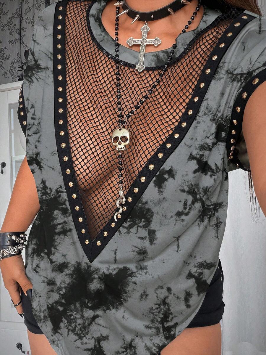 Whyspr Plus Size Tie-Dye Print Mesh Patchwork Rivet Webbing Personalized Drop Shoulder Short Sleeve Elegant Sexy Street Hip Hop Rock Chic Women T-Shirt - Grey - View 1