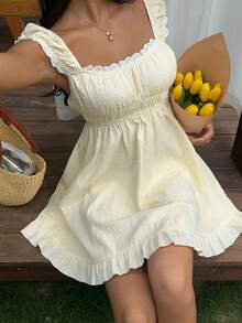 SHEIN SunnyBelle Đầm ngắn nữ dáng chữ A xòe eo cổ búp bê, chất liệu cotton nguyên chất, thích hợp cho mùa xuân/hè. - Màu vàng - Xem 6