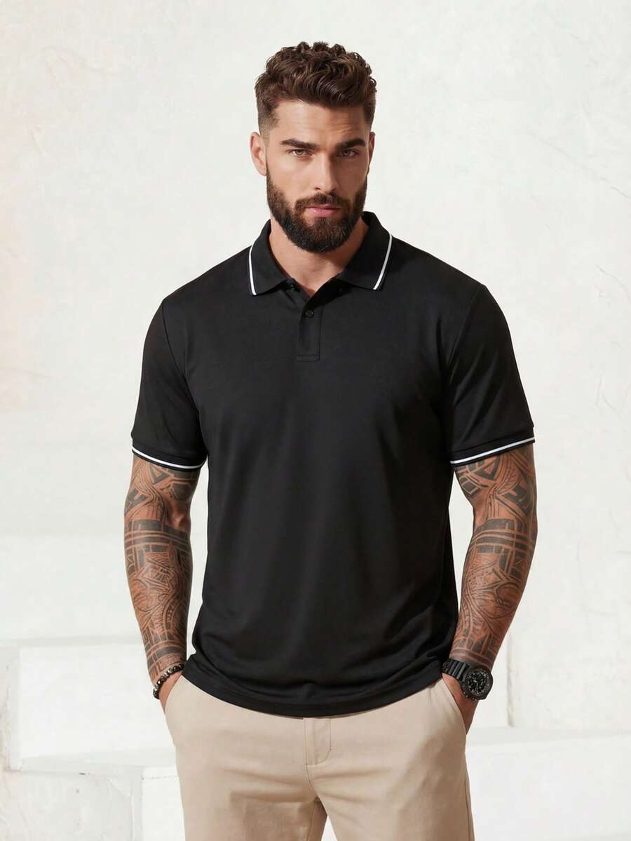 Manfinity Homme 大码男士条纹短袖休闲通勤Polo衫男士Polo衫男士T领T恤男士高尔夫衬衫双面印花衬衫T恤 - 黑色 - 查看 1