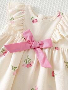 新生女宝宝碎花撞色蝴蝶结装饰圆领无袖系腰连衣裙 - 粉色 - 查看 6