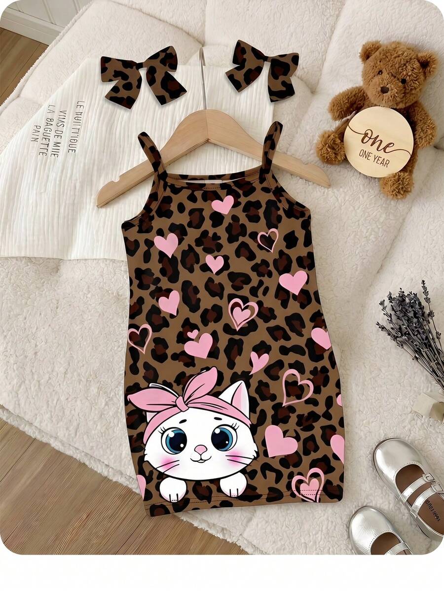 SHEIN 可爱粉色豹纹猫心印花,女婴休闲修身吊带连衣裙,适合夏季 - 彩色 - 查看 1
