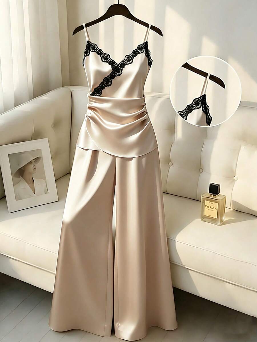 Franclia Bộ đồ 2 mảnh thanh lịch mới mùa Xuân/Hè dành cho nữ, Bộ vest nữ, Bộ áo hai dây ren phối màu tương phản và quần ống rộng, Trang phục áo hai dây gợi cảm dành cho nữ, Bộ đồ 2 mảnh satin duyên dáng dành cho nữ, Bộ vest kaki dành cho nữ, Bộ vest màu sâm panh dành cho nữ, Trang phục dự tiệc thanh lịch dành cho nữ. - Rượu sâm banh - Xem 1