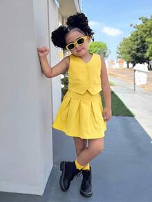 SHEIN 2pcs Girls Elegant Academic Style Buttoned Vest Top And Pleated A-Line Skirt Set,Back-To-School Summer Career Day Outfit,Casual School Daily Holiday - Yellow - View 5