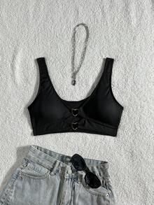 Swim Basics Top bikini vinculado con aro de corazón con abertura - Negro - Ver 3