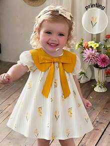LMoss Kids 女婴优雅可爱夏季拼布花卉图案黄色蝴蝶结领宽松连衣裙 - 彩色 - 查看 4