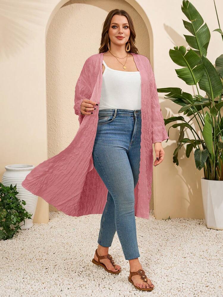Plus Size Casual Solid Color Textured Front Open Dolman Sleeve Jacket
