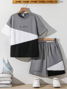 SHEIN 2件套儿童/青少年男童休闲撞色圆领短袖T恤短裤套装，适合通勤、上学、日常休闲穿着、运动、春夏穿着 - 灰色 - 查看 4