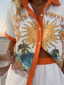 INAWLY Women's Vacation Palm Tree Letter Print Short Sleeve Shirt And Shorts Casual Set - White - View 5