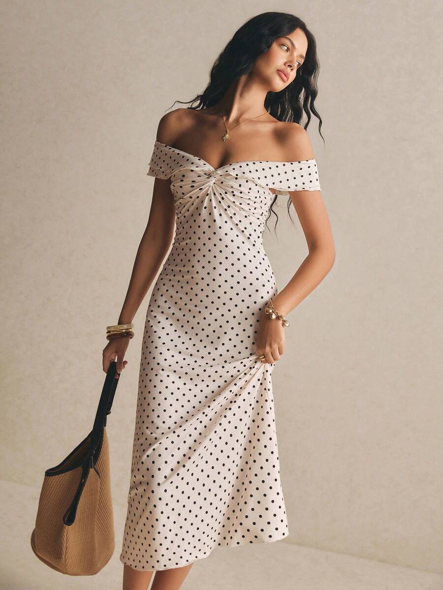 Poéselle 女款黑白波點夏季優雅浪漫露肩中長洋裝，高彈力雙層荷葉領 A 字裙，適合茶會、度假與婚禮