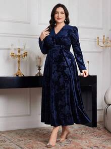 Modelyn Plus Size Women Floral Jacquard V-Neck Puff Sleeve Elegant Dress Long Evening Dresses - Navy Blue - View 7