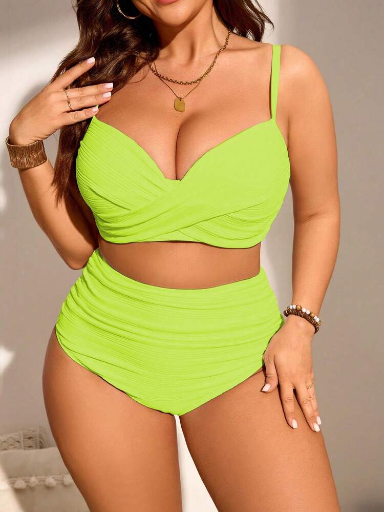 SHEIN Swim Curve 大码女式两件套纯色褶皱细肩带比基尼泳衣套装，度假装 - 薄荷綠 - 查看 4