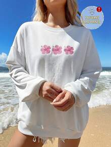 SHEIN EZwear 女士休闲简约印花圆领宽松轻薄夏季卫衣，适合度假、夏季、日常通勤、约会、派对、圣诞节、新年、感恩节、婚礼、海滩、毕业典礼、时尚、优雅、休闲、外出、约会、预订、通勤、闪亮、情人节、优雅、度假、休闲、Y2K、外出、毕业典礼等场合。 - 白色 - 查看 4