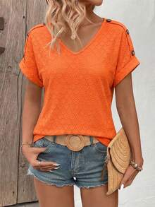 EMERY ROSE 女士V领休闲百搭T恤，肩部纽扣设计 - 橘色 - 查看 6