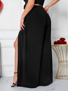 SHEIN Tall CURVE 大码女式纯色简约日常开叉下摆长裤，女士深秋休闲开叉，开叉大腿高腰阔腿超长黑色常规版型女裤，休闲日常穿着 - 黑色 - 查看 2