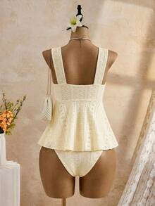 Bellisia Plus Size Women Summer Beach Solid Color Drawstring Design Tankini Swimwear Set - Pale Yellow - View 7