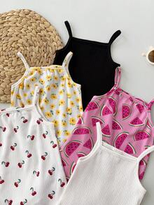 5件套女婴吊带连体衣，花朵、爱心、樱桃印花，无袖，夏季可爱女婴夏季连体衣，吊带设计，多种印花可选，包括花朵、樱桃、爱心等。Happikins可爱樱桃印花，“樱桃女孩”女婴休闲连体衣，适合春夏季节、休闲度假、海滩周末、可爱夏季女婴服装、韩版风格、海滩模式、夏季外出服。 - 彩色 - 查看 8